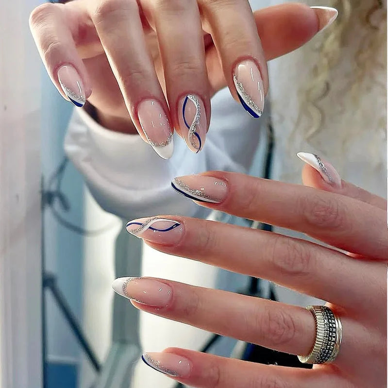 24Pcs Shading Gradient Deep Blue Press on Nails Stripes Almond False Nails with Jelly Glue Wearable Fashion Finished Nail Patch
