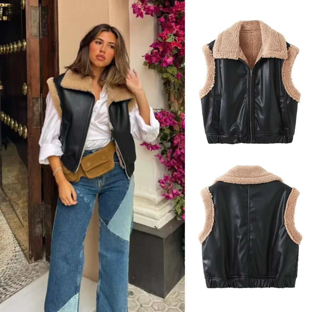 Winter Women's Fashion European and American Style Versatile Shirt Collar Sleeveless Short Double sided Pilot V