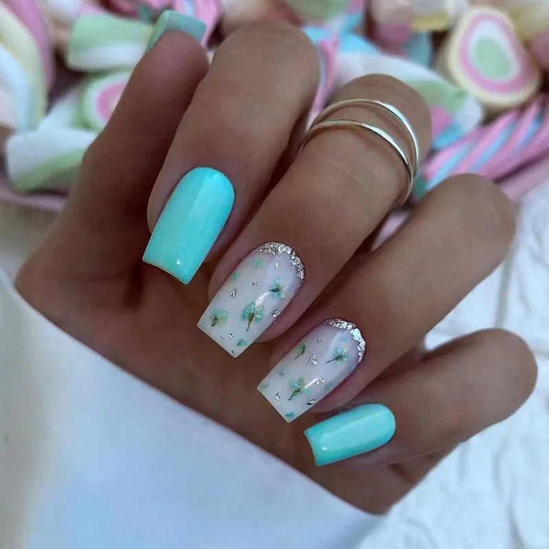 24pcs/set short medium fake nails beautiful flowers design fall winter square ballet acrylic tips press on false nail art supply