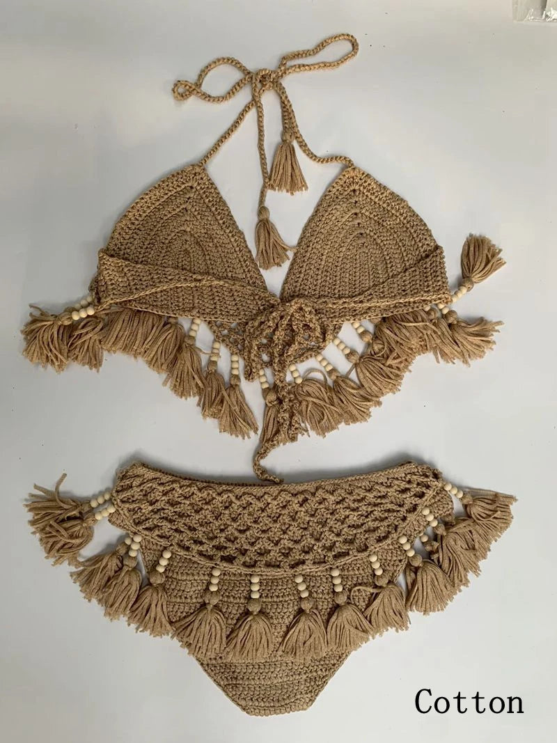 Sexy Crochet Bikinis Set Women Handmade Beading Tassel Knitting Bathing Suit Swimsuit 2021 New Micro Swimwear Summer Beachwear