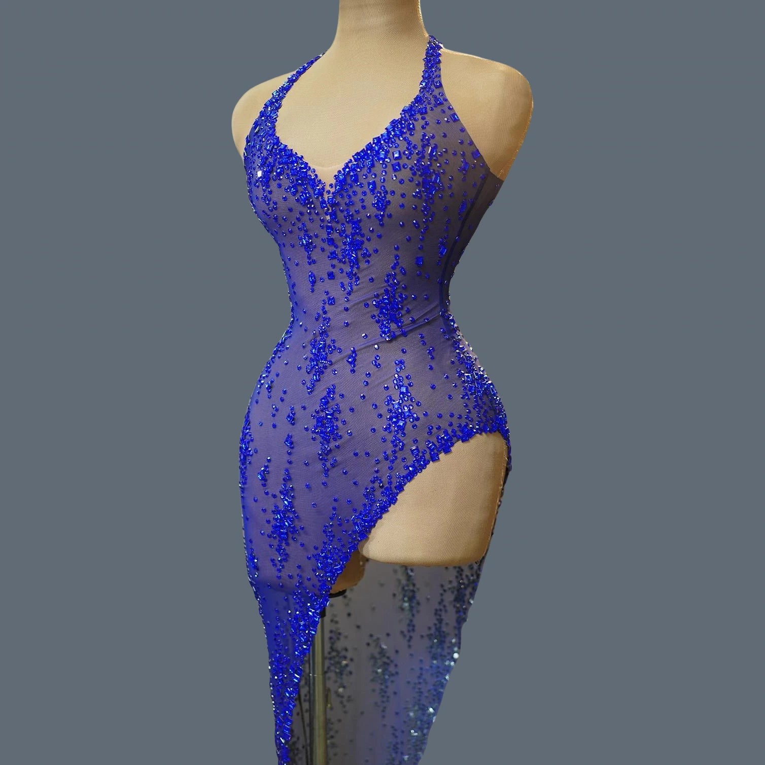 Nightclub Mini Dress Singer Stage Performance Wear Bar Party Asymmetrical Dress Sparkly Rhinestones Sleeveless Mesh Dress Xinghe