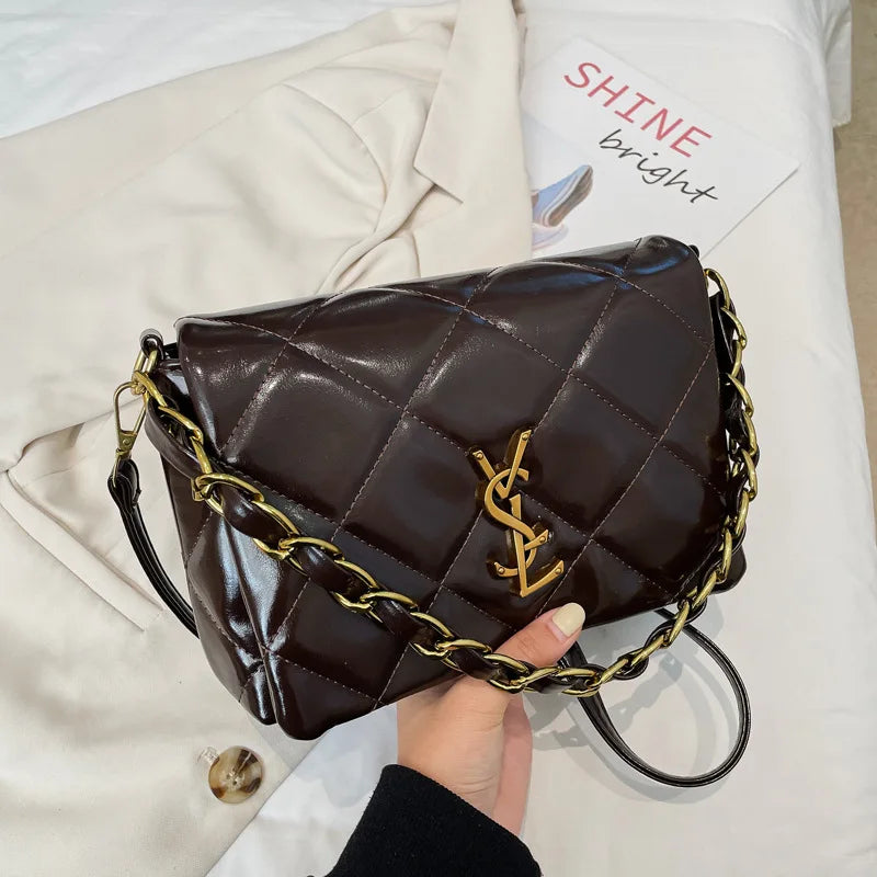 Quilted Bag with Letter Print 2025 - Vintage Chain Strap Crossbody Bag, Elegant Small Square Shoulder Purse for Women