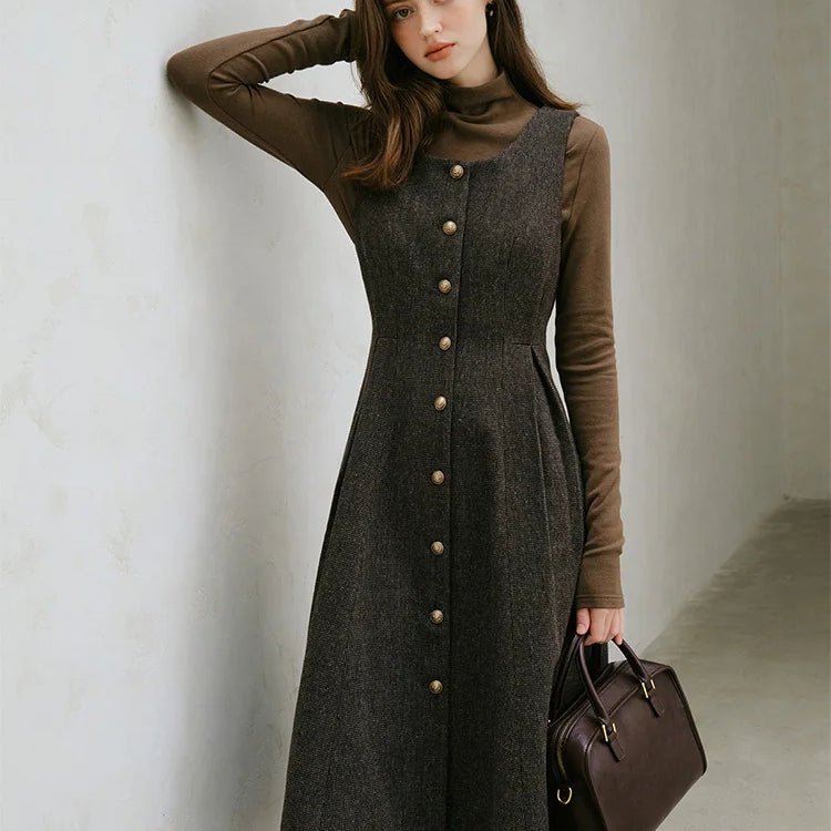 French Retro Plaid Inner Dress for Women Autumn and Winter Pure Woolen Elegant Style Vest Dress Female