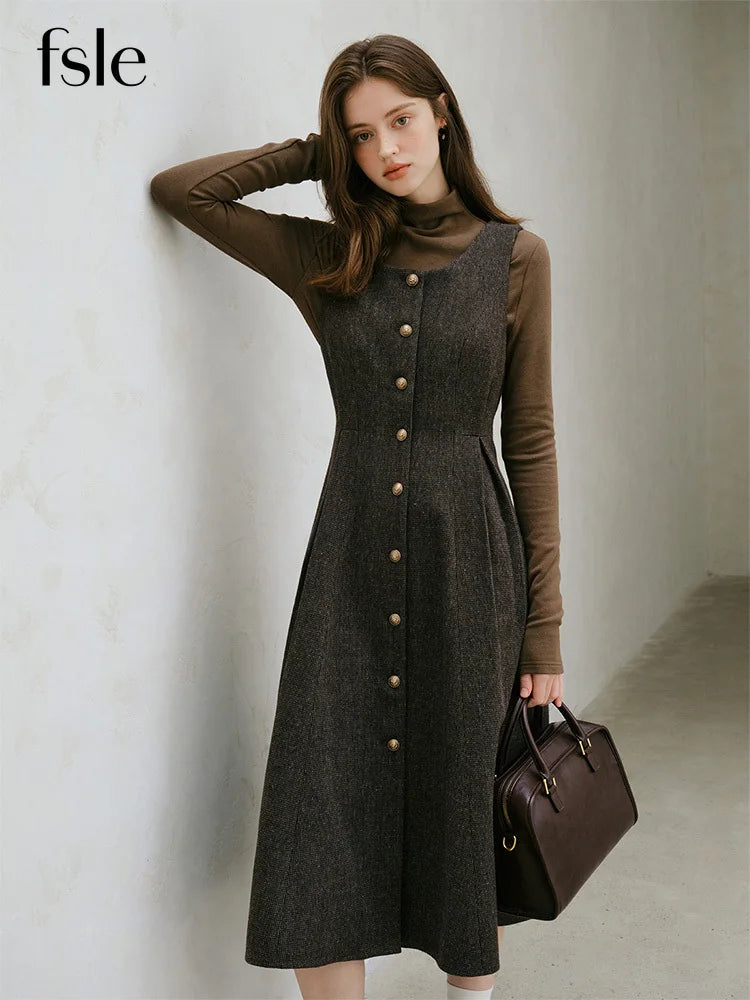 French Retro Plaid Inner Dress for Women Autumn and Winter Pure Woolen Elegant Style Vest Dress Female