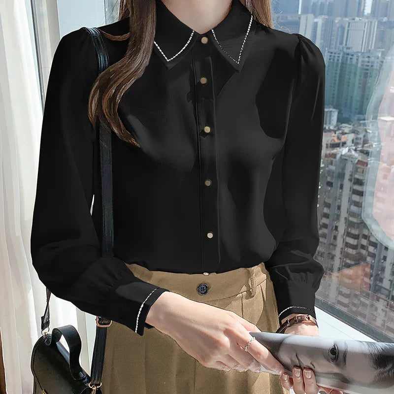 Women Clothing Solid Fashion Casual Loose Shirts Spring Autumn Long Sleeve Button Chic Turn-down Collar Blouses Female Top black