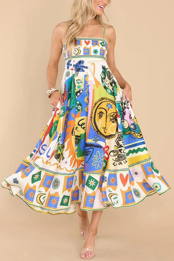Elegant Printed Sleeveless Swing Dress Women's High Waist Suspender Backless Sexy Women's Summer Beach Vacation Robe yellow