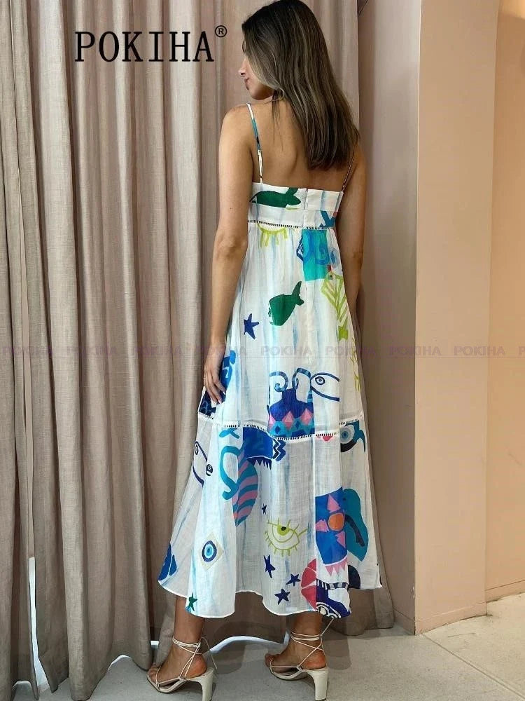 Elegant Straps Slip Print Maxi Dress Women Fashion Sweet Holiday Long Dresses Female Chic Vestidos Beach Sleeveless