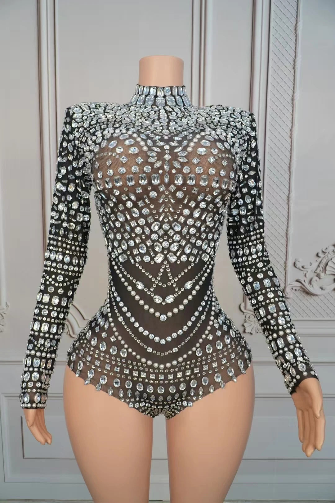 Sparkly Rhinestone Black See Through Mesh Bodysuit Women Sexy Dance Performance Wear Night Party Stage High-end Outfit Heimanba