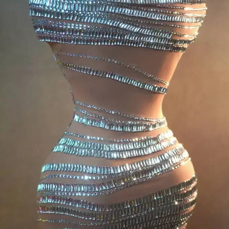 STOCKSparkly Rhinestones Short Dress for Women Sexy Off-shoulder See Through Evening Celebrate Birthday Dress Photo Shoot Stage