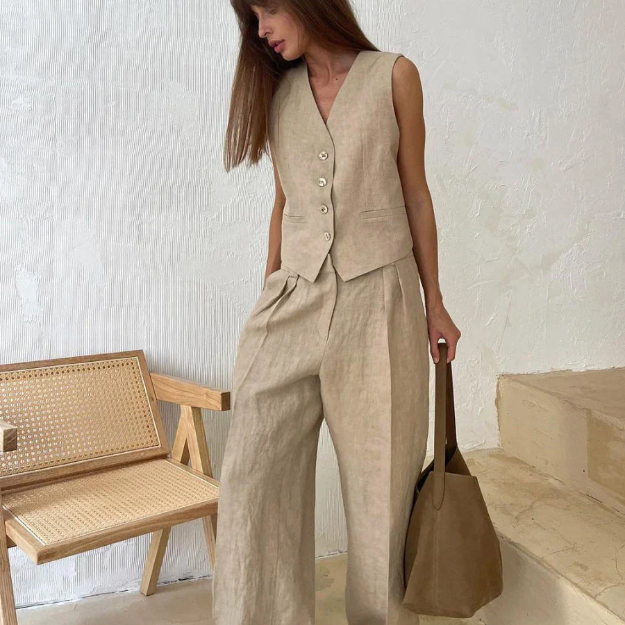 Wolfeel Womem Linen Cotton Chic Vest & Pants Suit Two-Piece Set Office Ladies Summer Chic 2 Piece Sets Womens Outfits Khaki