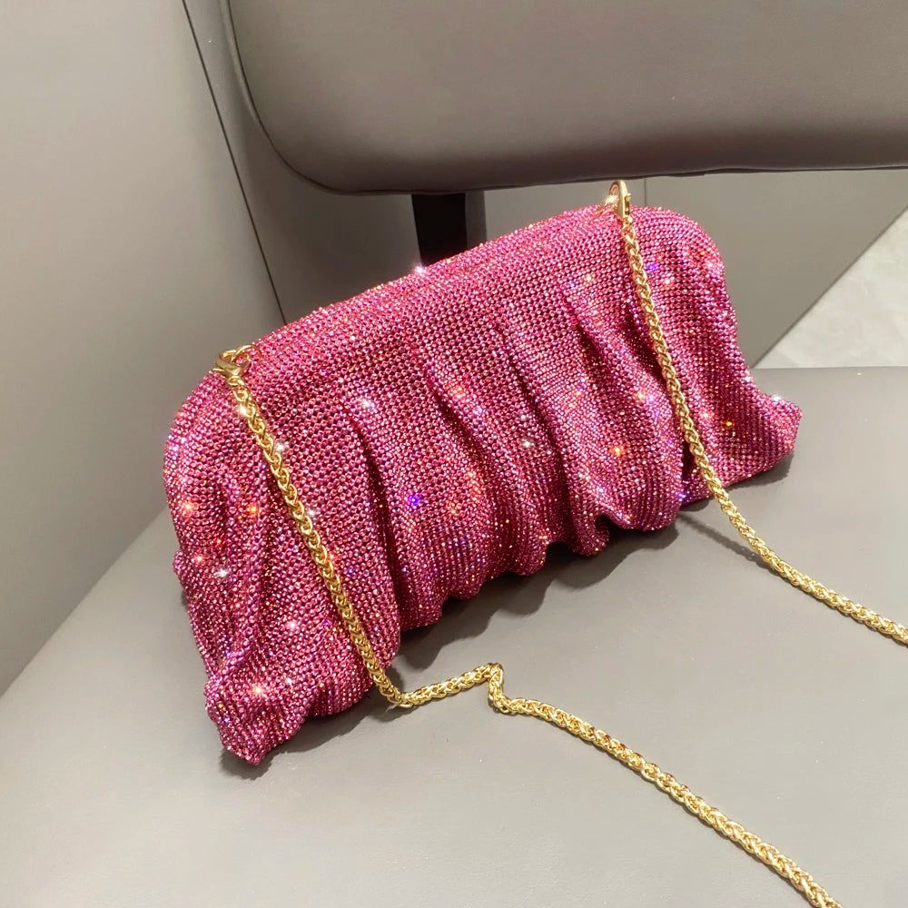 Shiny Rhinestones Handmade Evening Clutch Bags New Folds Purses And Handbags Luxury Designer Wedding Party High Quality Rose red
