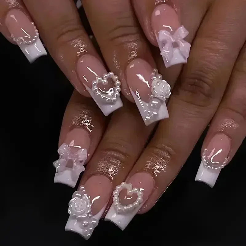 24Pcs French False Nails Pink Zebra Pattern Press on Nails Medium Square Coffin False Nails Y2k Artificial Full Cover Nail Tips