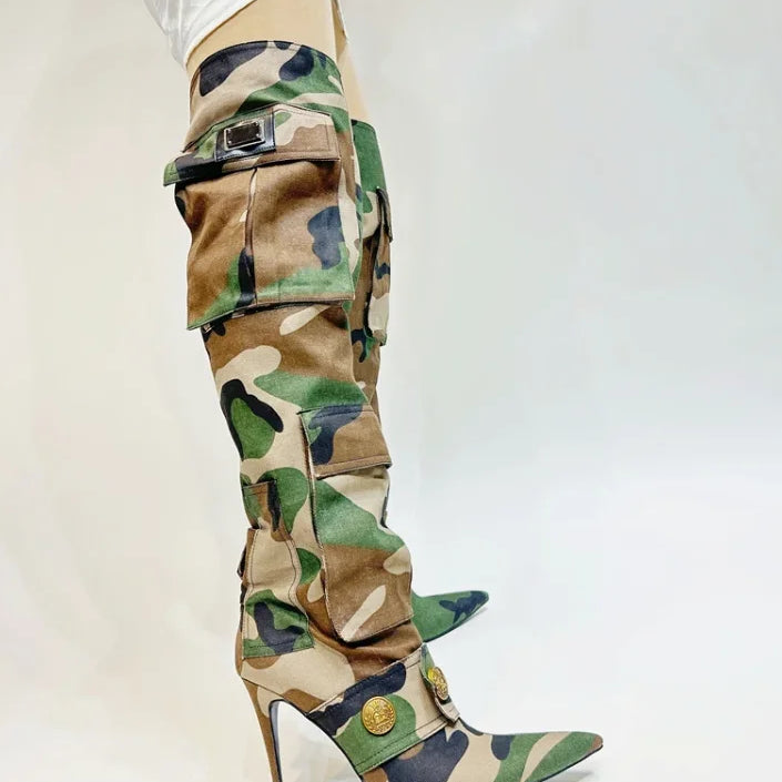 Women's Denim Camouflage Knee High Boots 2023 Autumn Winter Pointed Toe High Heel Slip on Button Vintage Fashion Shoes Size 43 Camouflage A918