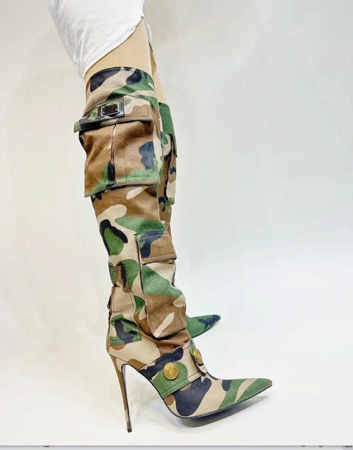 Women's Denim Camouflage Knee High Boots 2023 Autumn Winter Pointed Toe High Heel Slip on Button Vintage Fashion Shoes Size 43 Camouflage A918