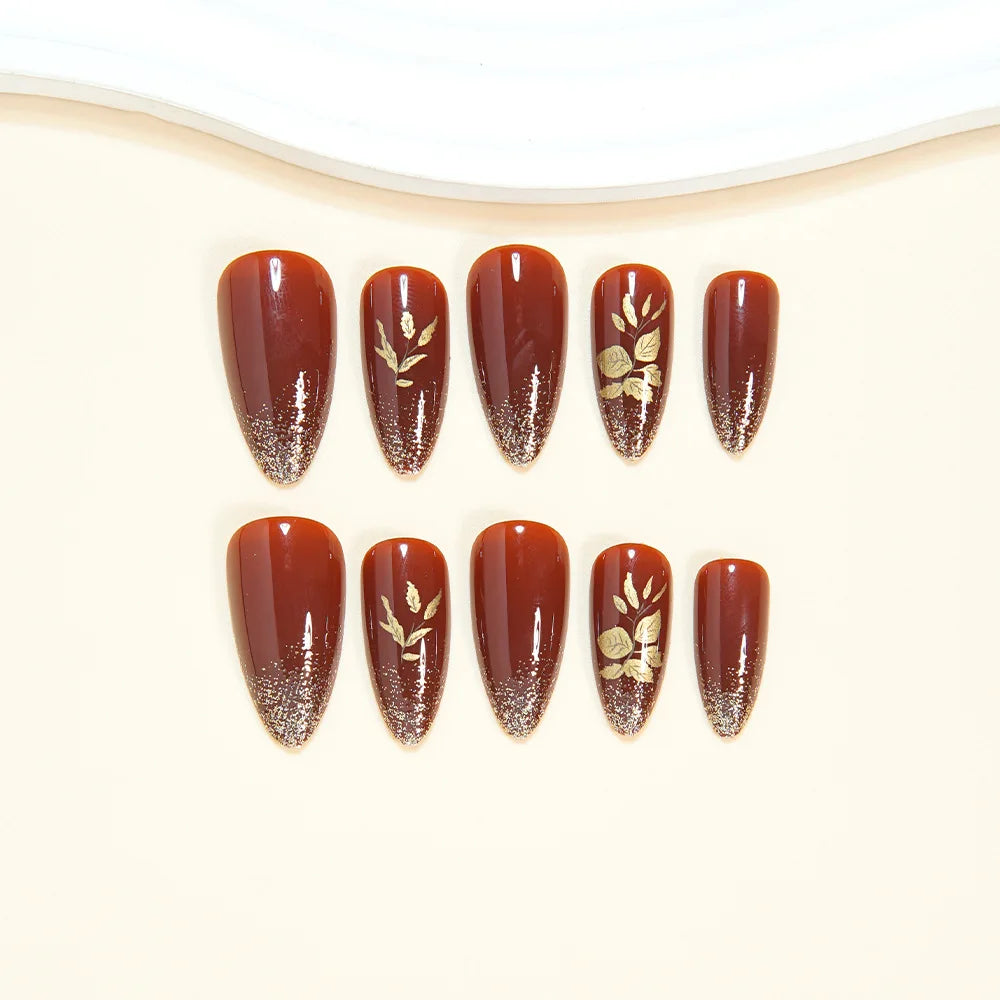 24Pcs Glossy Brown Fake Nails Autumn Almond Press On Nails with Gold Color Leaf Designs Full Cover Stick-on False Nails Patches