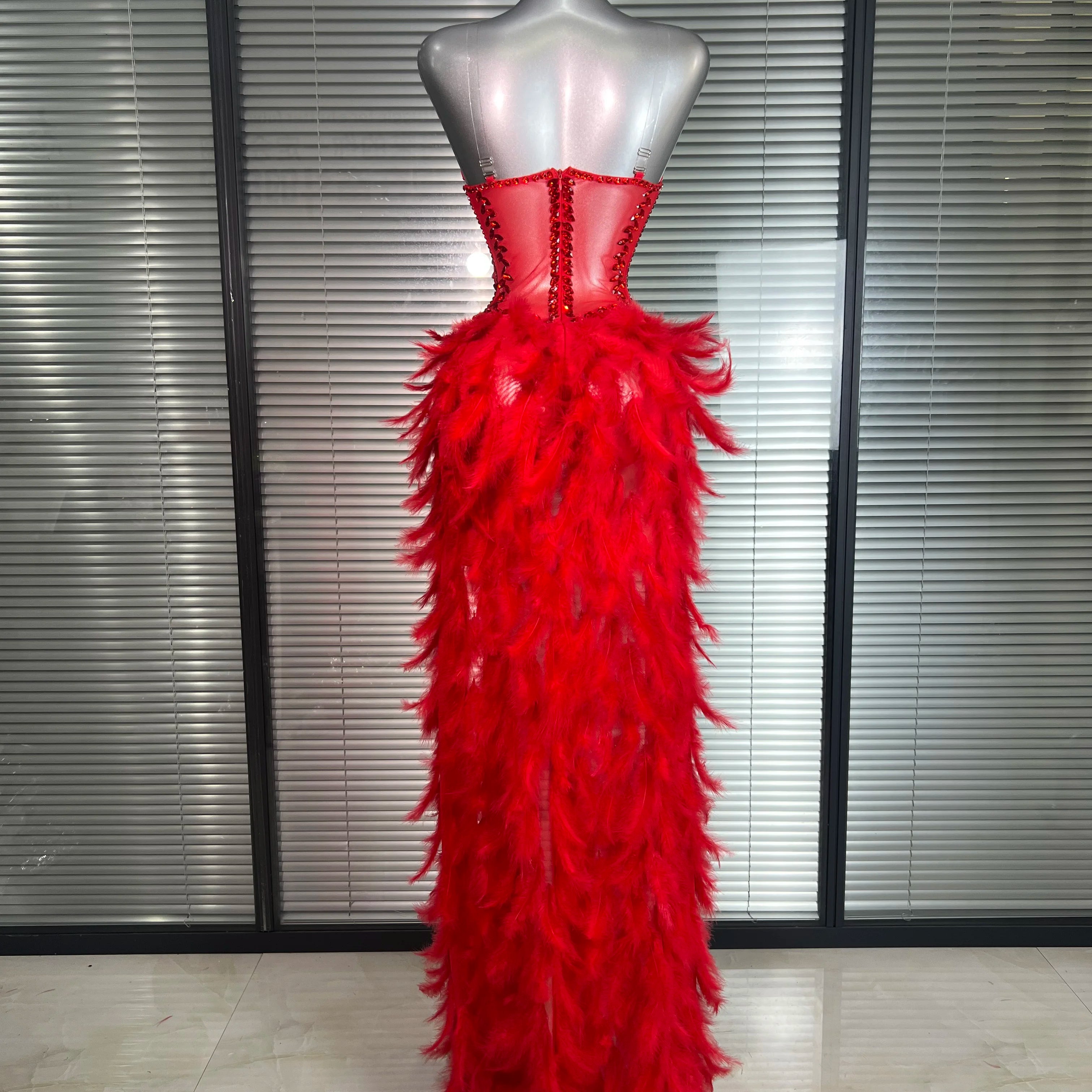 Women Sexy Mesh Feathers Stage Costume Stage Red Stretchy Night Club Bodysuit Party Maxi Dress