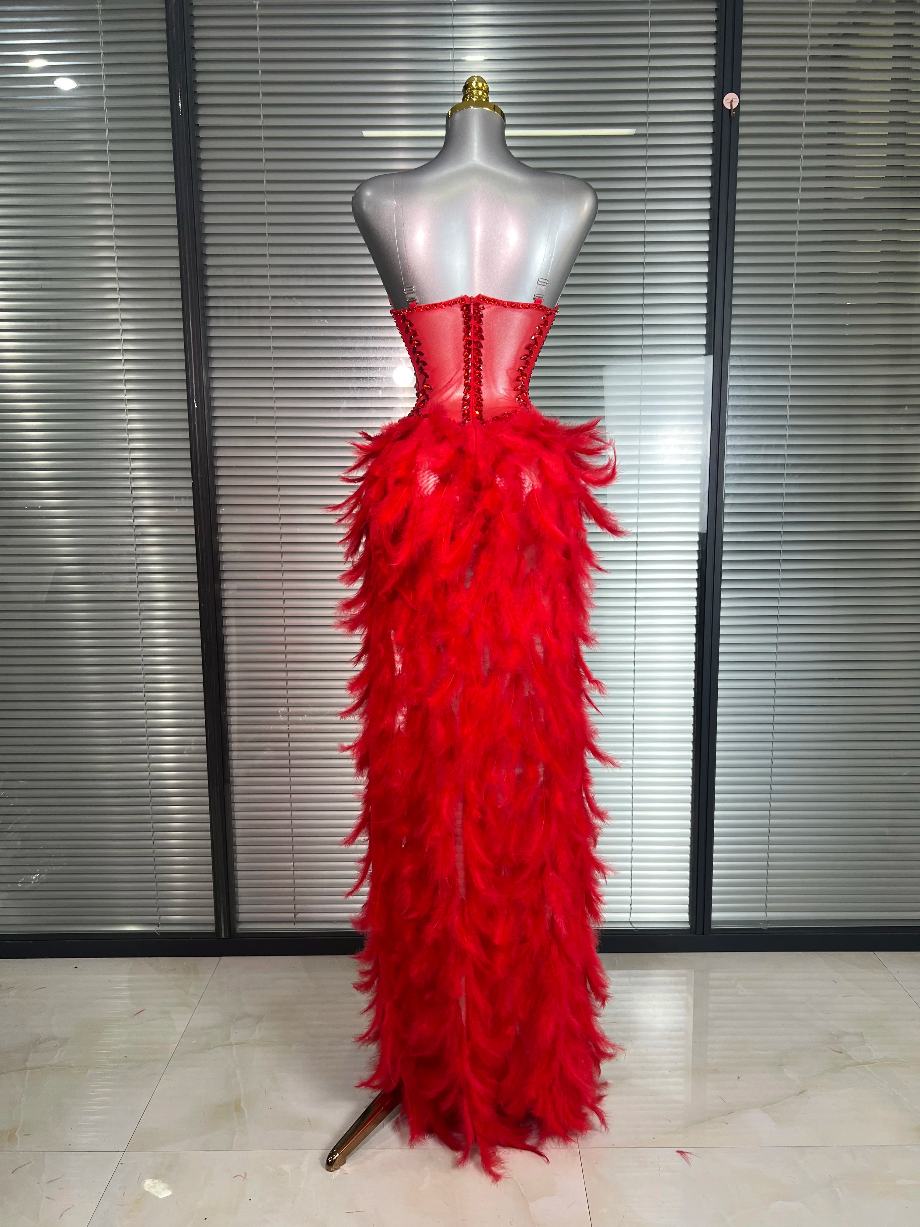 Women Sexy Mesh Feathers Stage Costume Stage Red Stretchy Night Club Bodysuit Party Maxi Dress