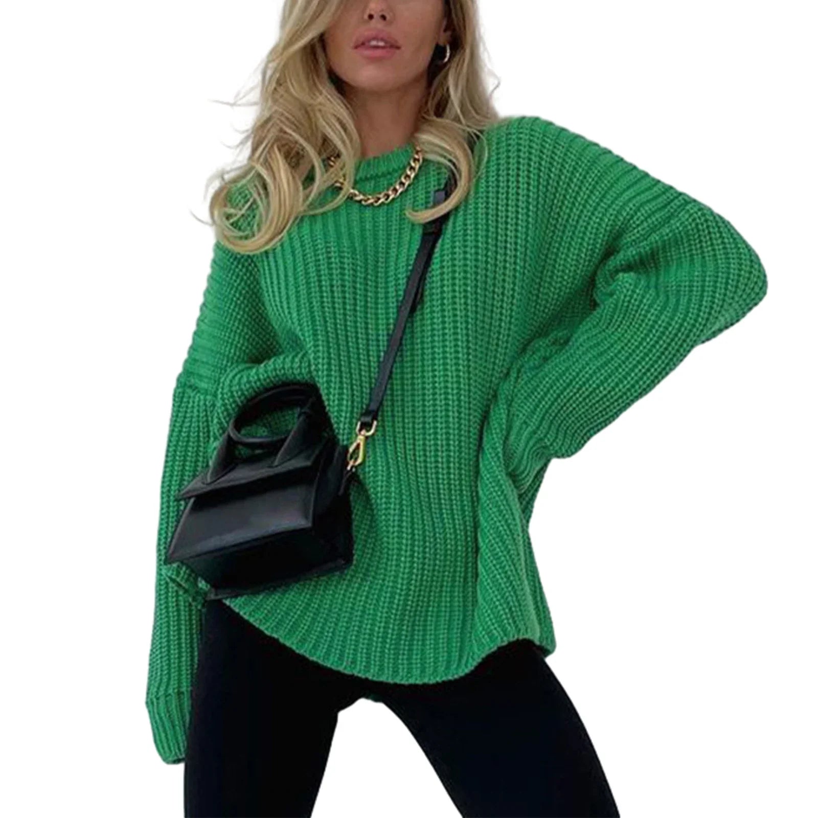 Womens Chunky Cable Knit Sweaters Solid Color Long Sleeve Crewneck Oversized Sweater Pullover Cute Fall Jumper Top green