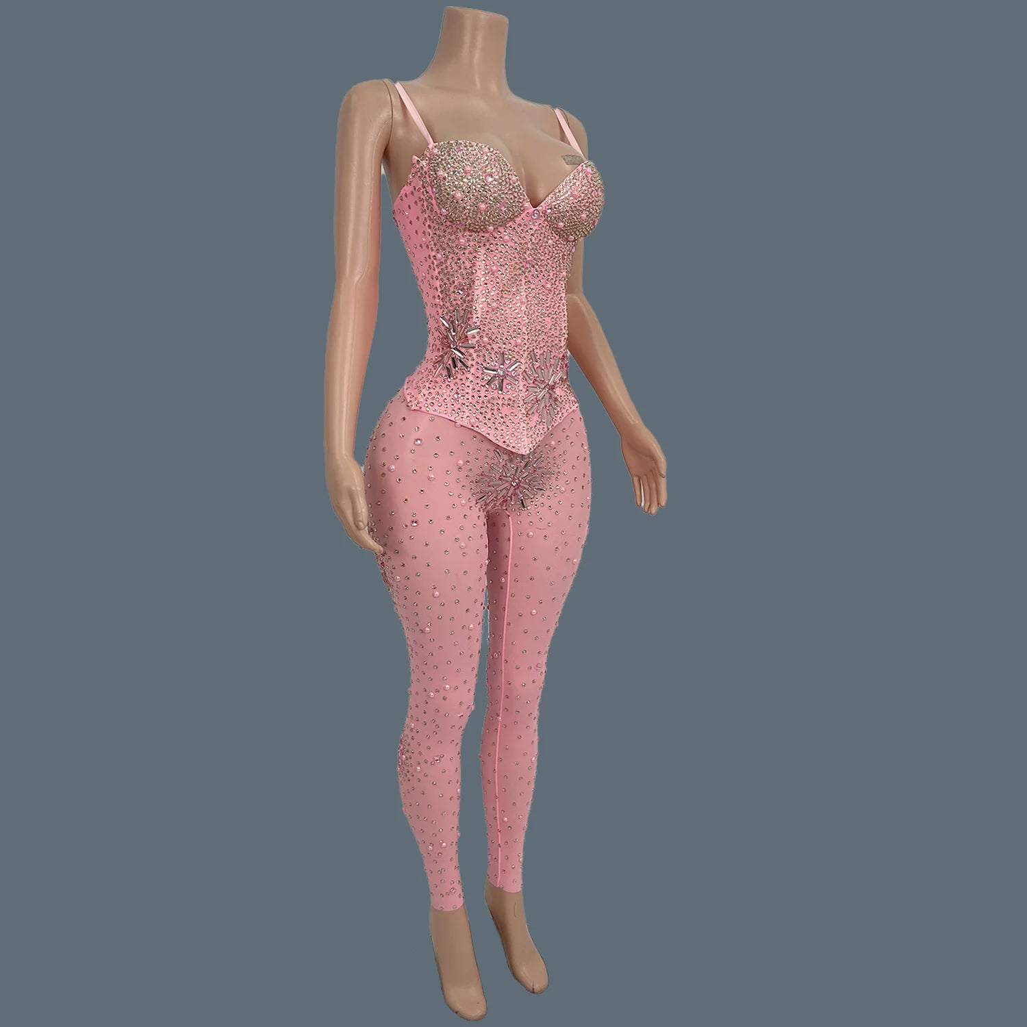 Sparkly Rhinestone Spandex Sleeveless Bodysuit Women Sexy Sheer Mesh Birthday Party Outfit gig Dance Performance Wear Niubujiao