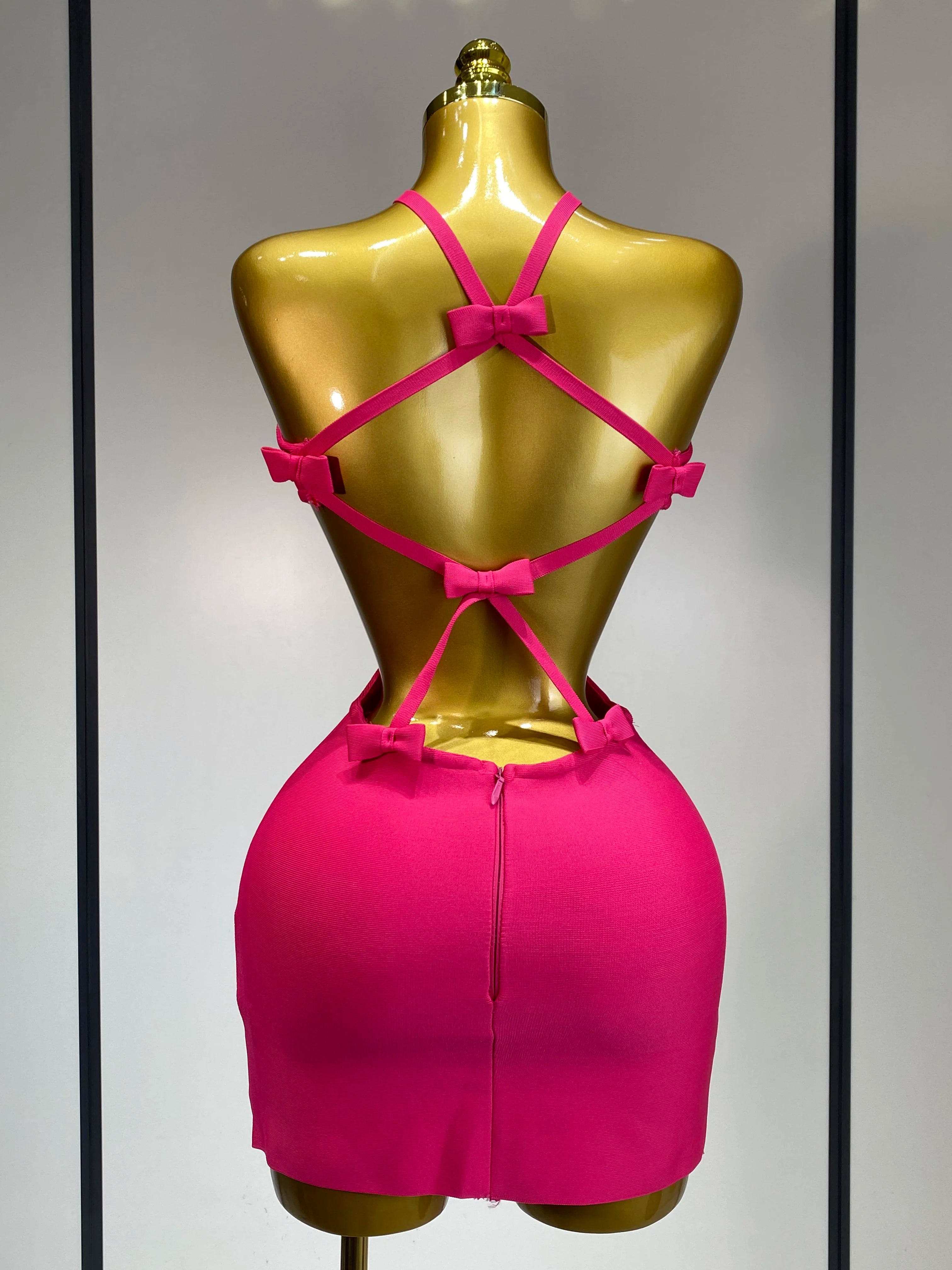 Women Luxury Sexy Backless Cut Out Bow Tie Mini Bodycon Bandage Dress 2025 Celebirty Elegant Evening Party Birthday Dresses