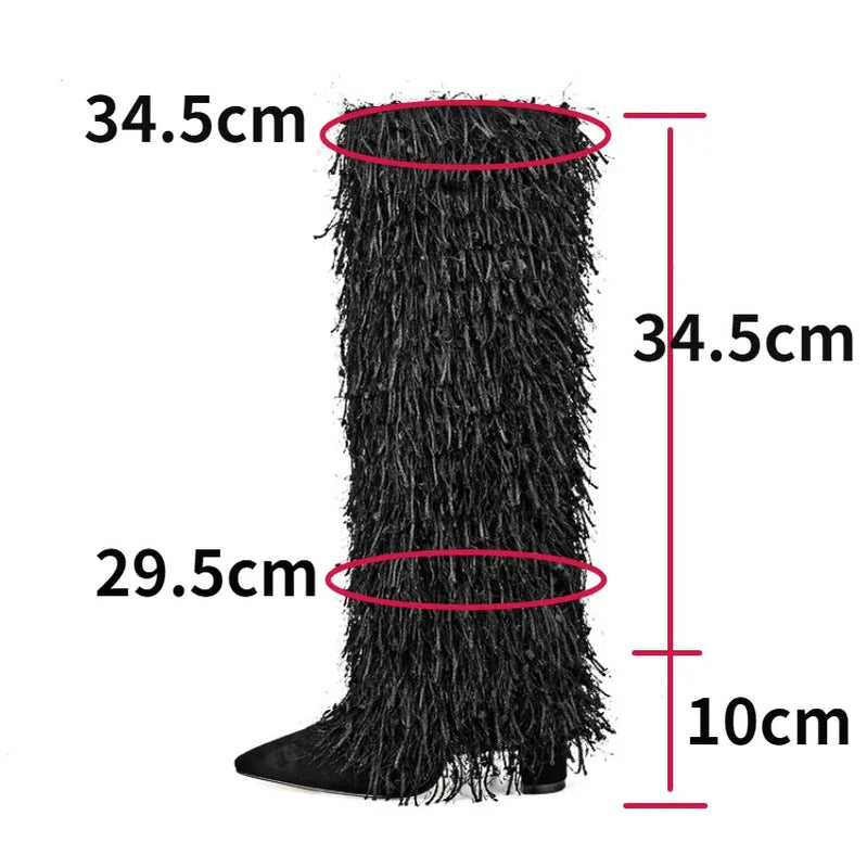 Winter High Heels Tassel Pants Boots for Women Sexy Pointed Toe Denim Knee High Boots Big Size Shoes 42 43 45