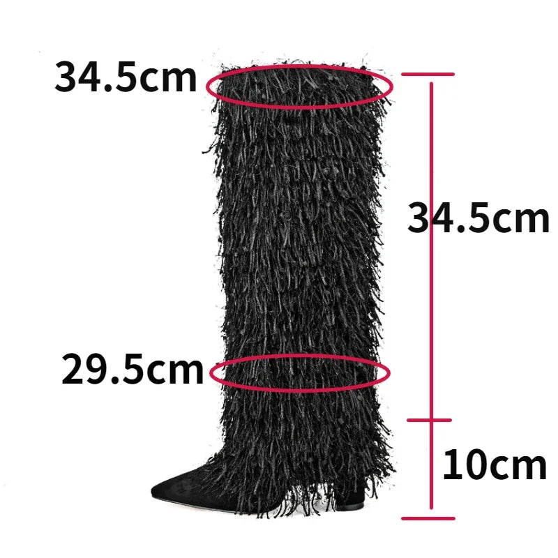 Winter High Heels Tassel Pants Boots for Women Sexy Pointed Toe Denim Knee High Boots Big Size Shoes 42 43 45