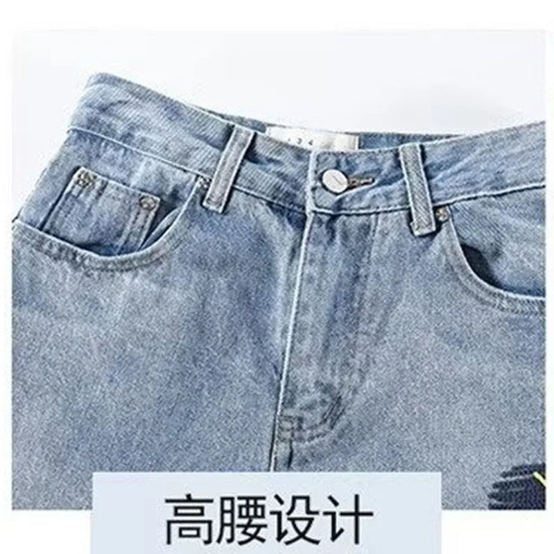 Y2K European and American women's light colored embroidered wide leg high waist straight leg loose mop jeans