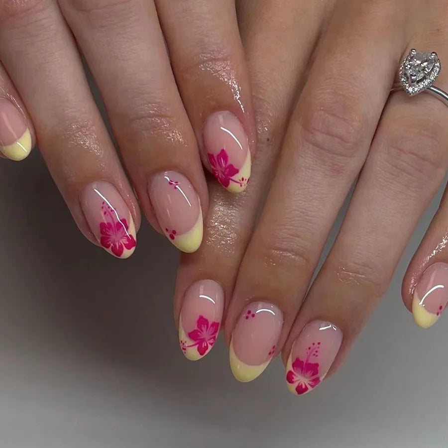 24 peças de unhas postiças com design de flor vermelha, unhas postiças francesas ovais, com acabamento em amêndoa curta, pontas de unhas postiças datáveis e de pressão