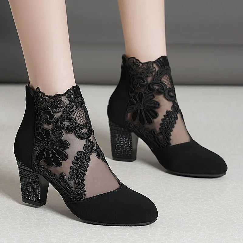 New 2023 Women's Spring Summer Shoes Ladies Lace Fashion Boots Female High Heels Round Toe Women Ankle Boots Large Size Shoes