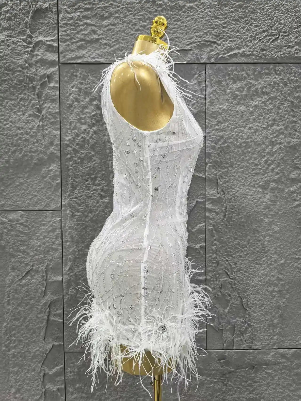 White Color Women Sleeveless V-Neck Bodycon Feathers Mini Dress Girls' Cute Birthday Party Cocktail Outfit Clothing