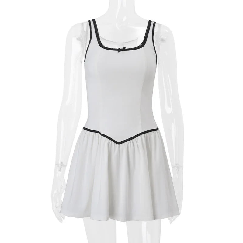 Square Collar Backless Sexy Mini Dress For Women Robe Zipper A-line Contrast Color Sleeveless High Waist Club Dress