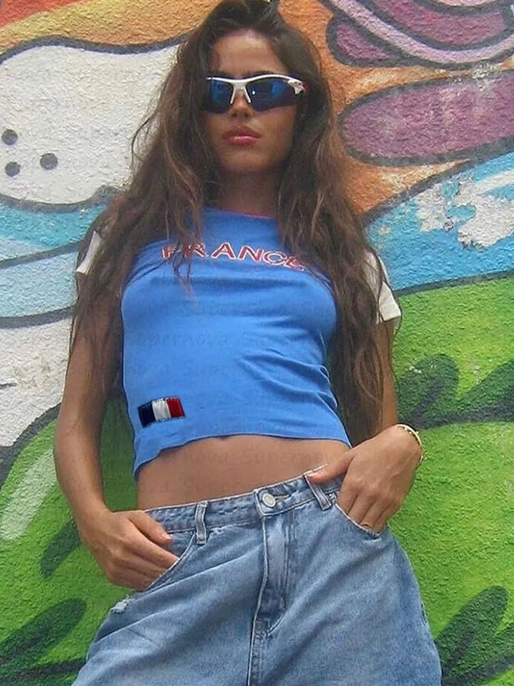 Aesthetics Streetwear Women's Tee Summer Casual Gothic 90s Vintage Grunge Letter Embroidery Short Sleeve T-Shirt Y2k Crop Top