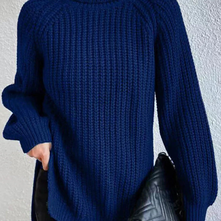 Women Winter Turtleneck Loose Sweater Elegant Drop Sleeve Side Split Pullover Vintage Harajuku Chic Jumpers Oversized knit Tops Blue
