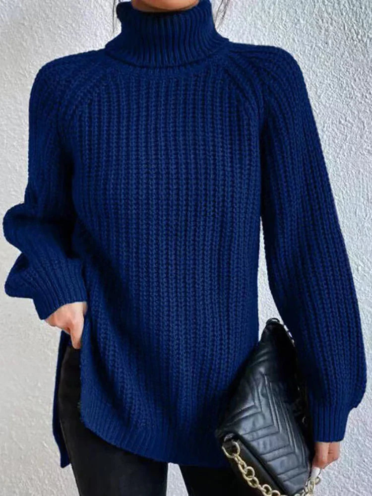 Women Winter Turtleneck Loose Sweater Elegant Drop Sleeve Side Split Pullover Vintage Harajuku Chic Jumpers Oversized knit Tops Blue