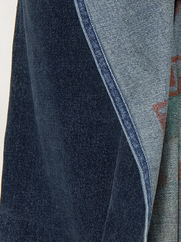 DEAT Fashion Women's Denim Skirt Double-sided Irregular Print Washed Zip Spliced Mid-calf Cotton Skirts Autumn New 7AB224