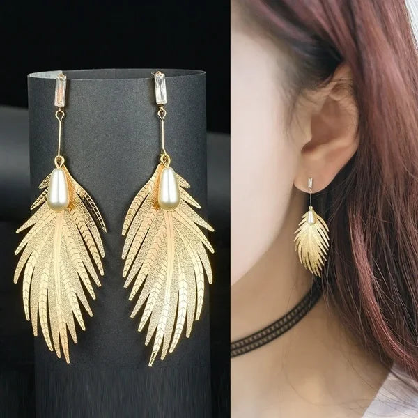 Women Alloy Exaggeration Heart Leaf Earrings Trendy Pearl Feather Charming Dangler