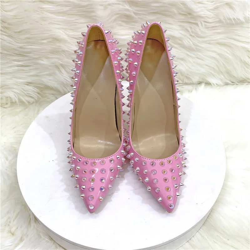 Heelgoo Shiny Spikes Women Patent Pink Pointy Toe Sexy High Heel Party Shoes Rivets Studs Ladies Slip On Stiletto Pumps 8-12cm Pink 8cm Heel