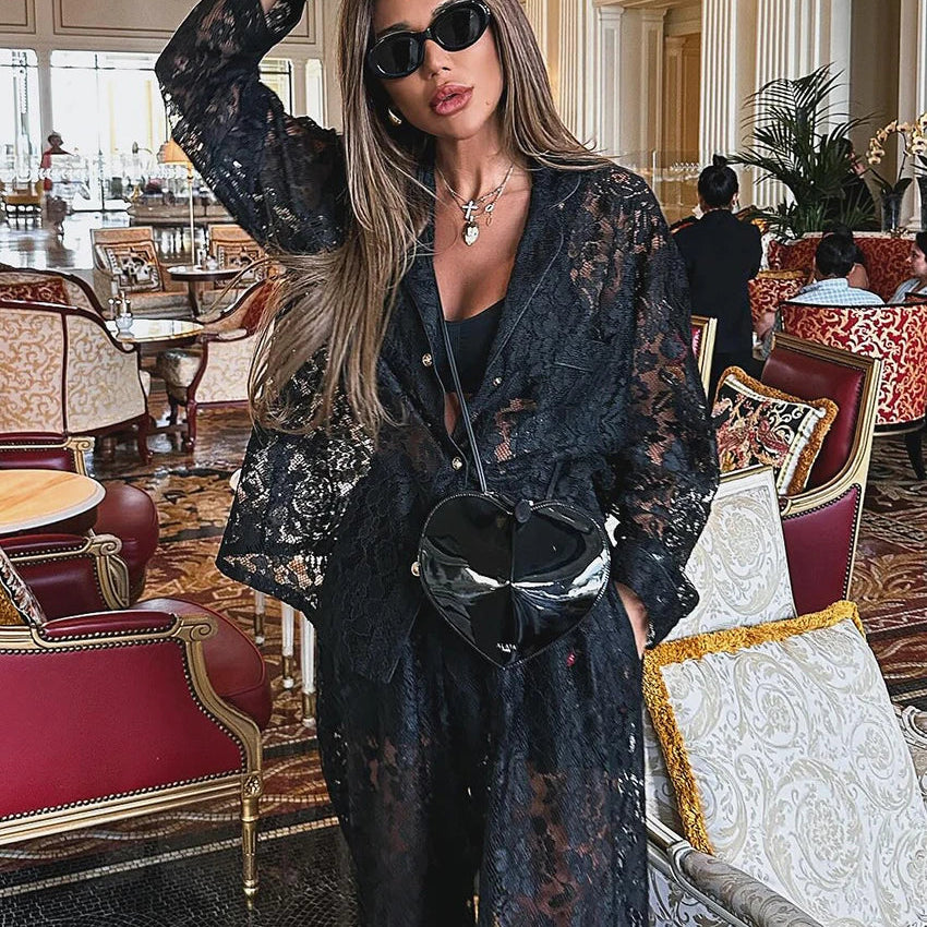 Clacive Sexy Loose Black Lace See Through Trousers Sets Women 2 Pieces Fashion Long Sleeve Shirt With High Waist Wide Pants Set