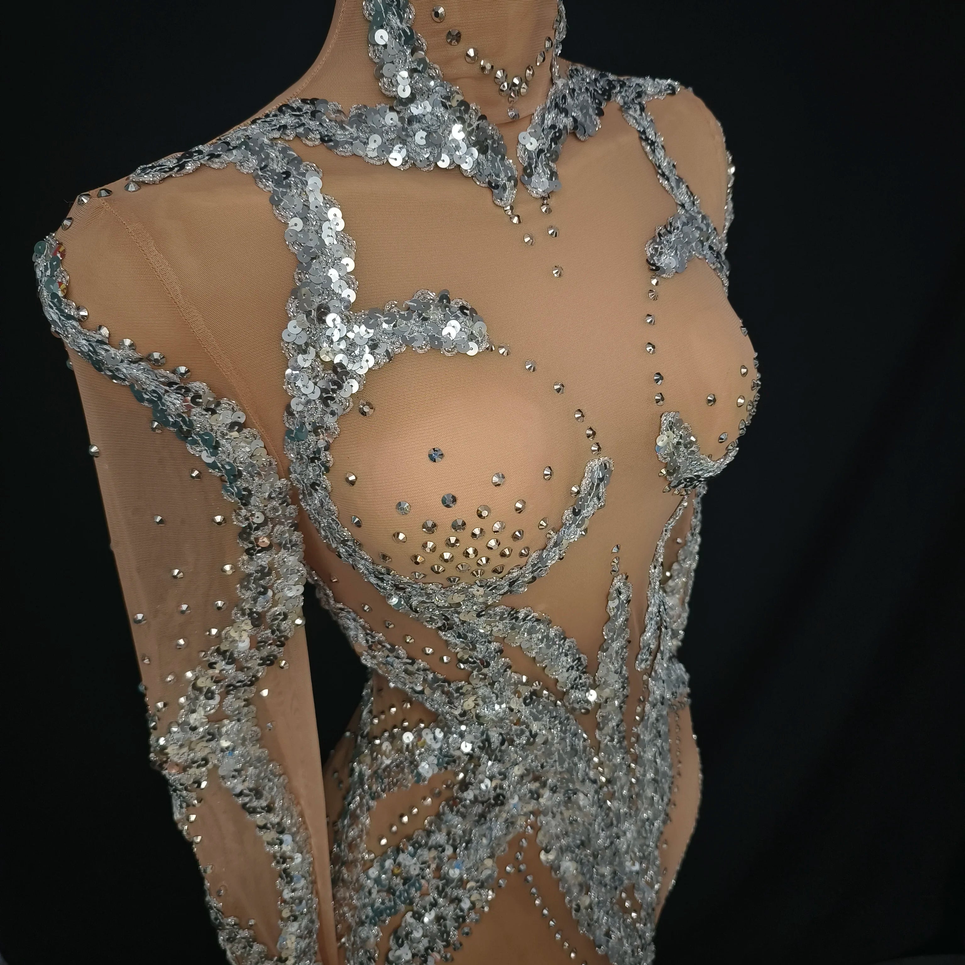 Women Sexy Mesh Crystal Nude Stretchy Long Sleeve Night Club See Through Singer Dancer tage Costume Mini Party Dress