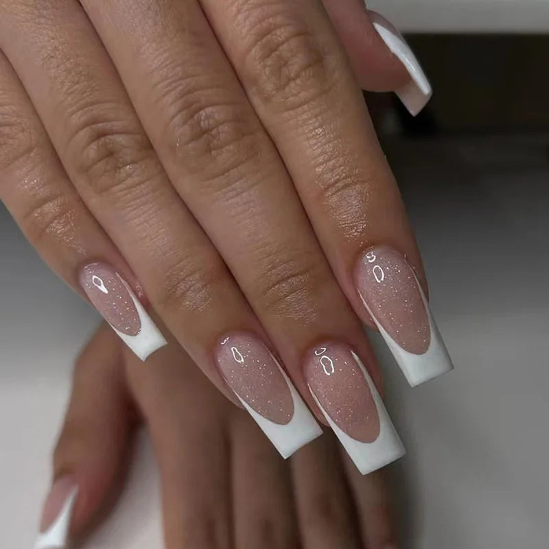 24Pcs Long Square False Nails Press on White Gradient Design Fake Nails Art Rhinestone Wearable Artificial Full Cover Nails Tips