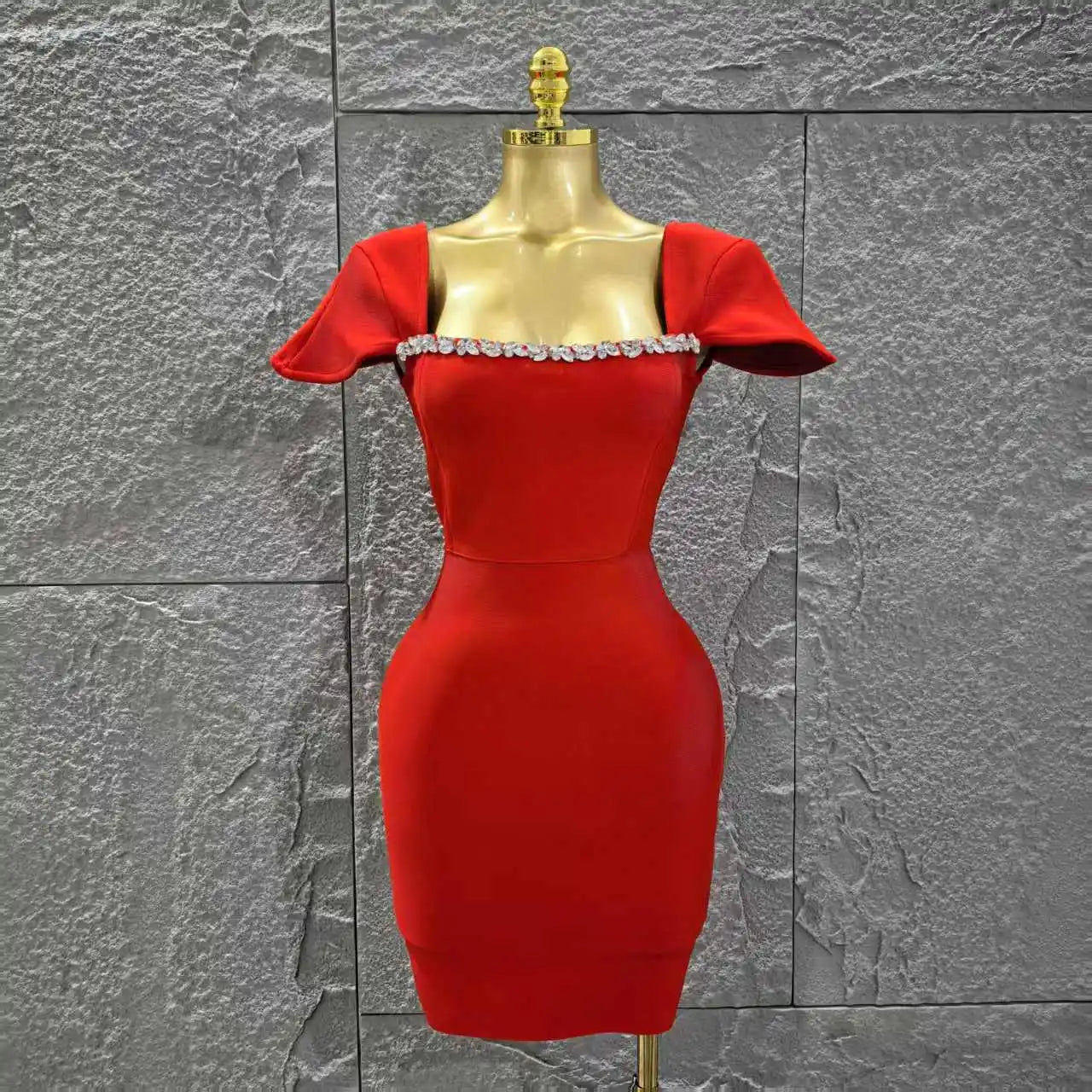 Black Red Color Women Sexy Short Sleeve Square Collar Bodycon Mini Bandage Dress Nightclub Party Celebrate Birthday Fashion Wear