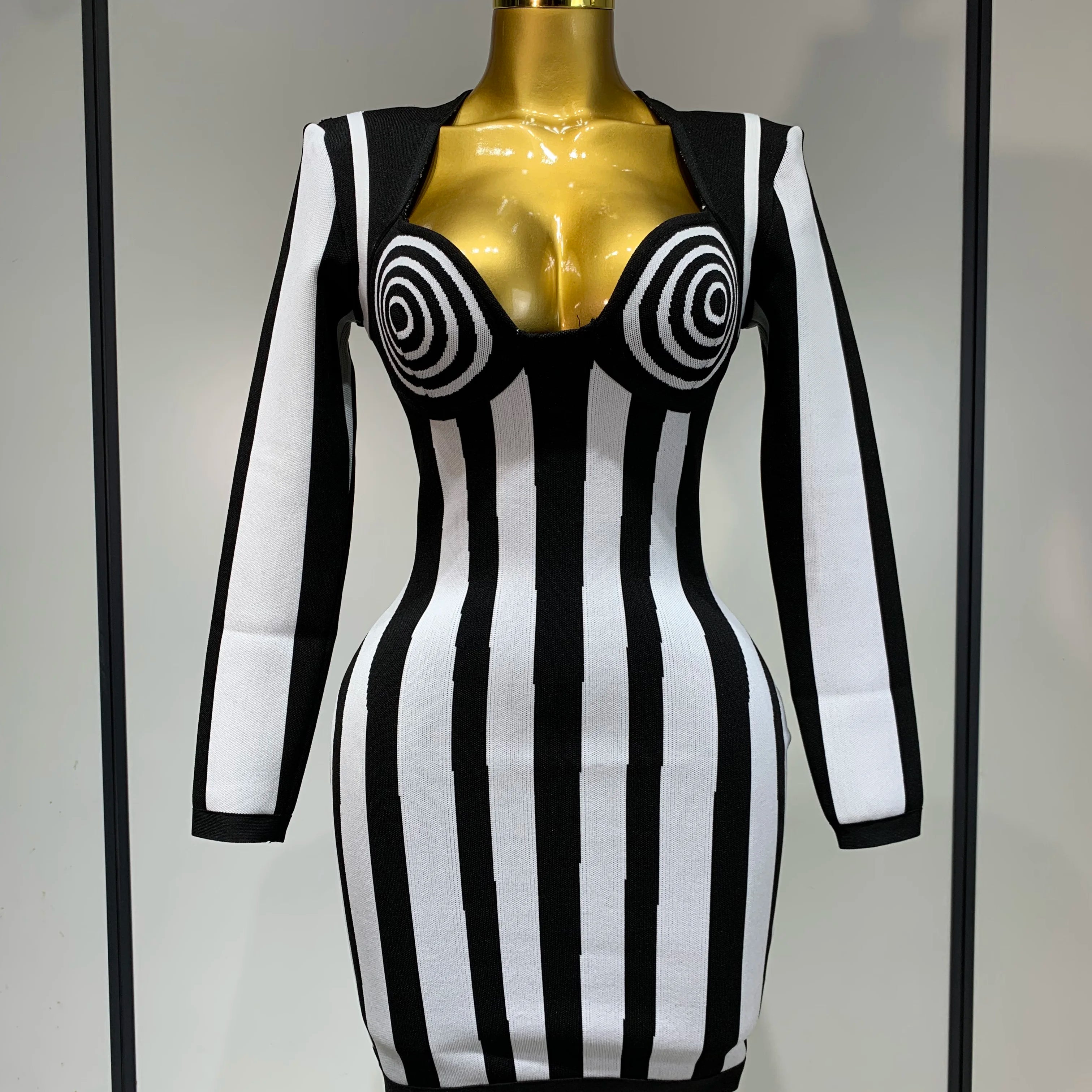 WomenLuxury Sexy Long Sleeve Stripe Black White Mini Bandage Dress 2025 Knitted Celebrity Elegant Evening Club Birthday Dresses