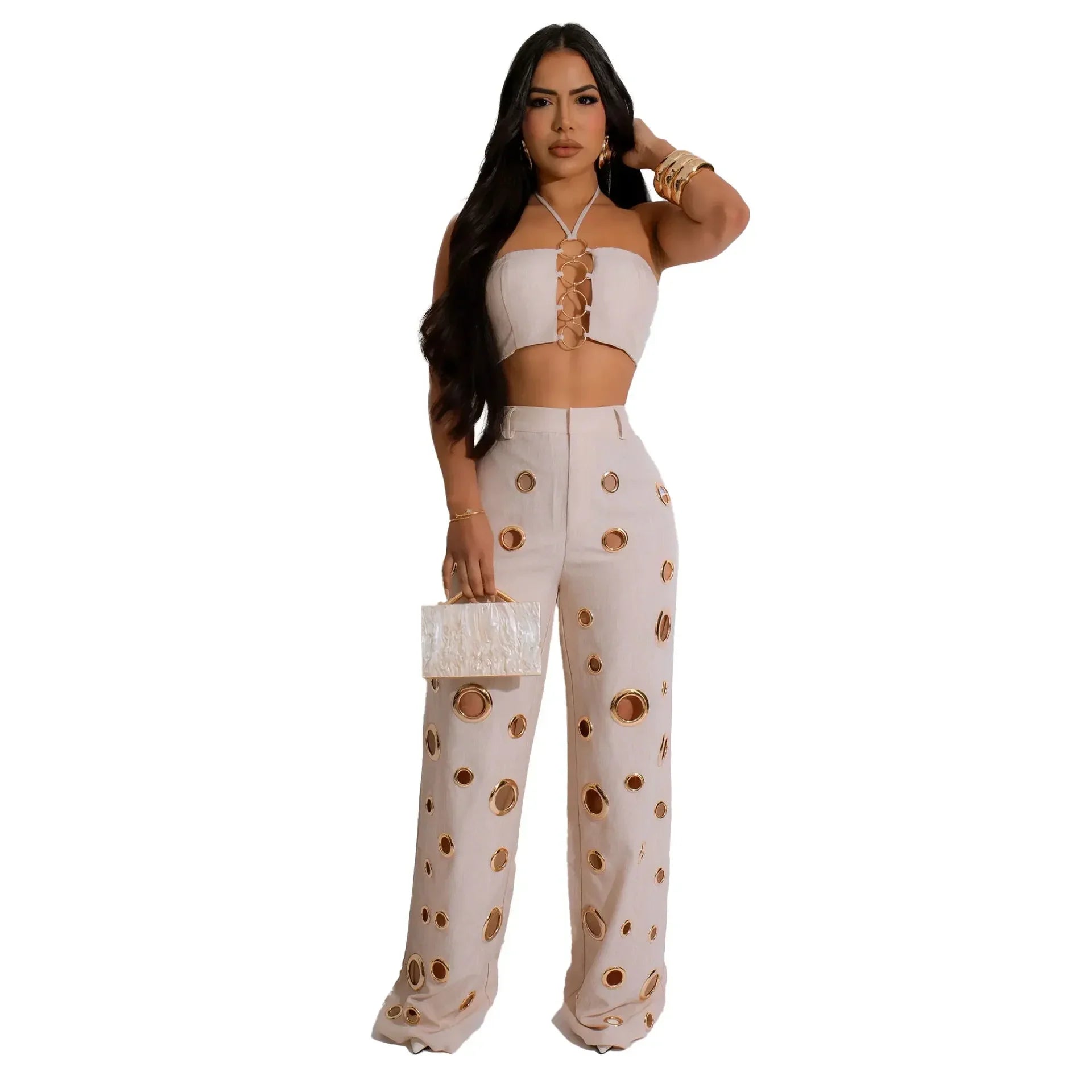 CM.YAYA Women Set Sleeveless Strapless Tops +Wide Leg Pants Two 2 Piece Set Hole Hollow Out Outfit Summer Sexy Street Tracksuit Apricot