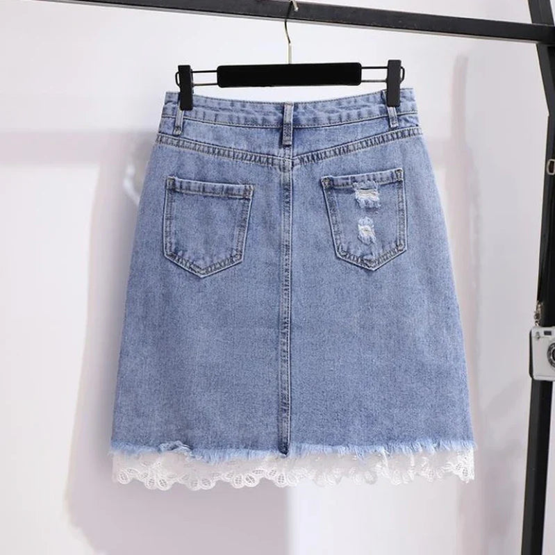 Women's Skirt Ripped Skirts for Woman Lace Clothes with Pocket Blue Patchwork Premium Luxury New in Harajuku Korean Style A Line