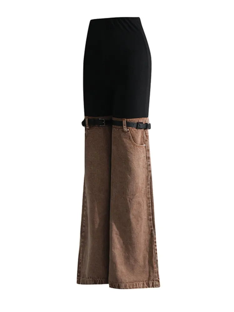 Hit Color Spliced Belt Jeans For Women High Waist Patchwork Pockets Slim Striaght Wide Leg Pant Female Fashion Style Clothes