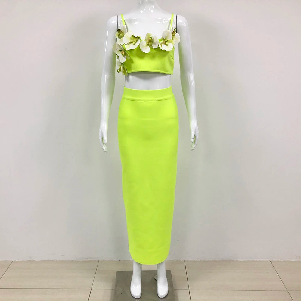 High Quality Green Color Women Sleeveless Sexy Strap Square Collar 2 Pieces Bodycon Long Bandage Dress Celebrate Birthday Dress