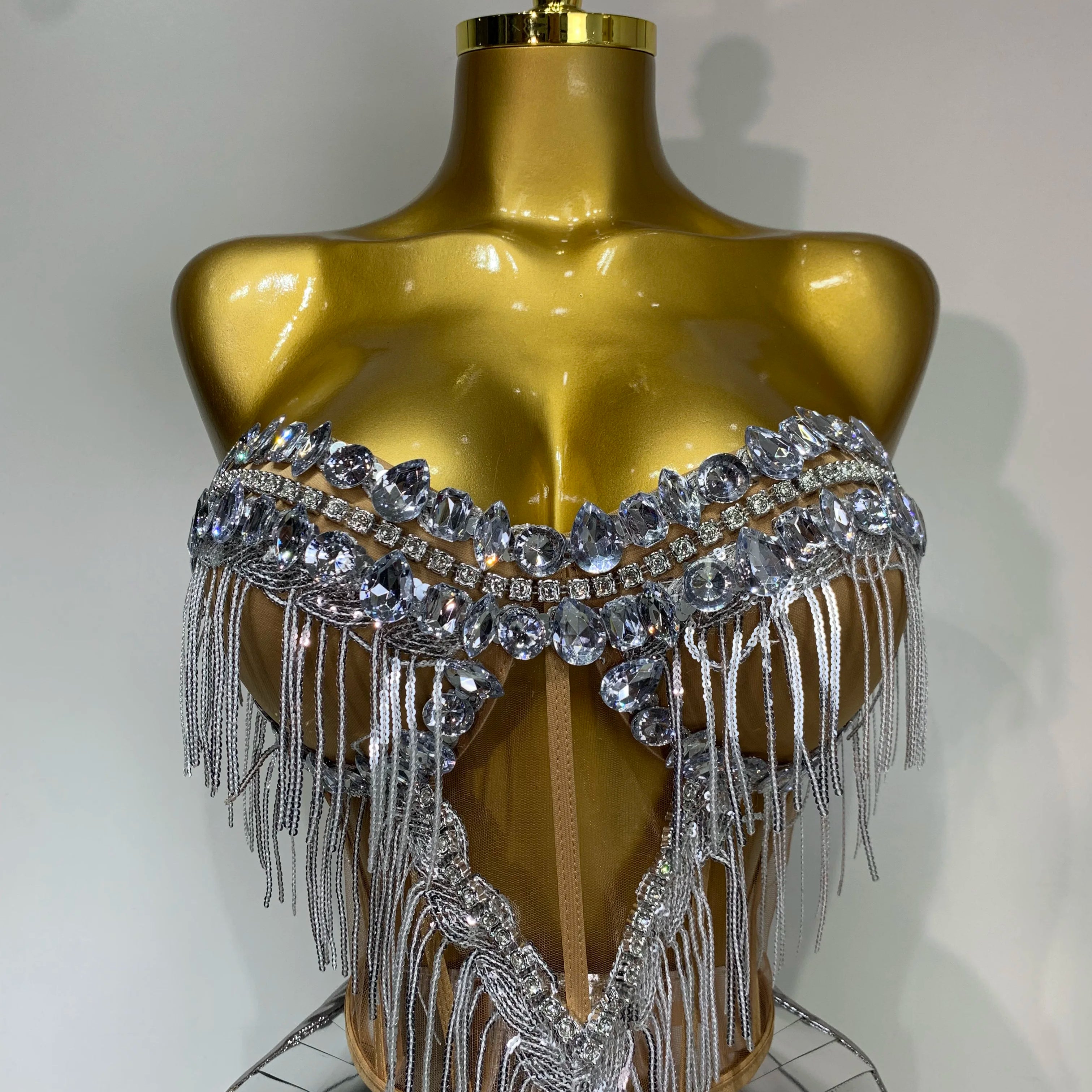 Sparkly Sliver Rhinstones tassels Top Skirt Two Piece Set Women Sexy Strapless Nightclub Birthday Evening Party Stage Outfit