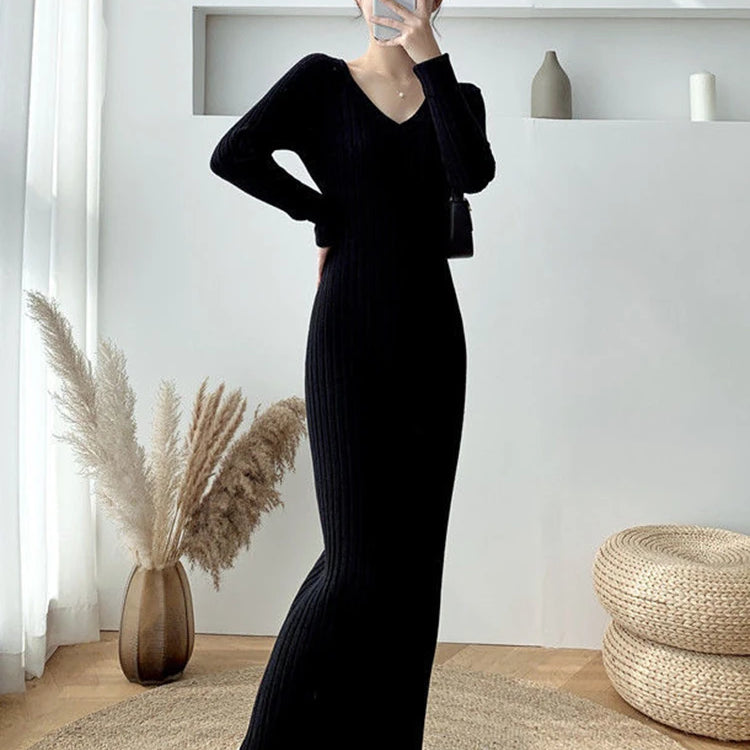 Zoki Elegant Solid Women Knitted Dress Simple Korean Slim Long Sleeve Ankle Length Dress Casual V Neck Office Ladies Chic Dress