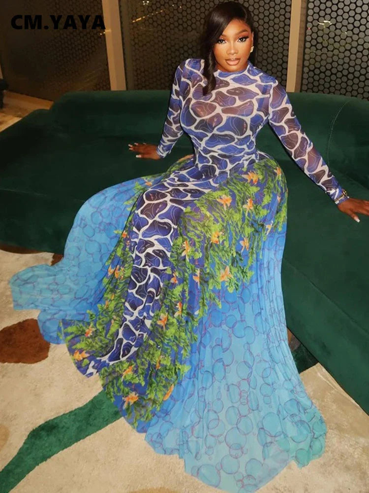 CM.YAYA Women 3D Printed O-neck A-line Mesh Long Sleeve Maxi Long Dress 2025 Summer Fashion Birthday Vacation Sexy Party Dresses