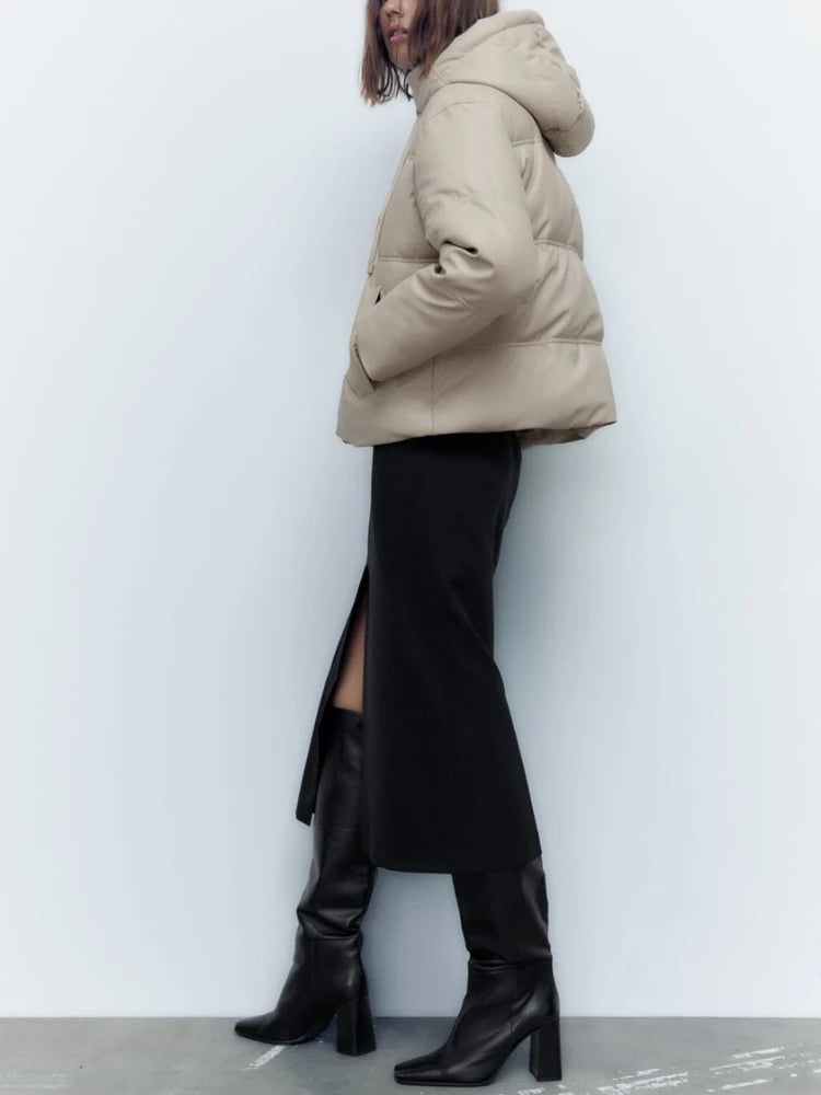 Women's Autumn Winter New Thickened Warm PU Imitation Leather Short Hooded Padded Jacket Top Faux Leather Parka Jacket Coat